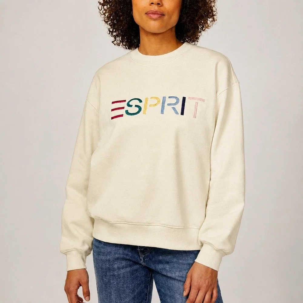 NWT Esprit Embroidered Logo Crewneck Sweatshirt M Cream Retro Viral 80s Costco - Picture 2 of 8